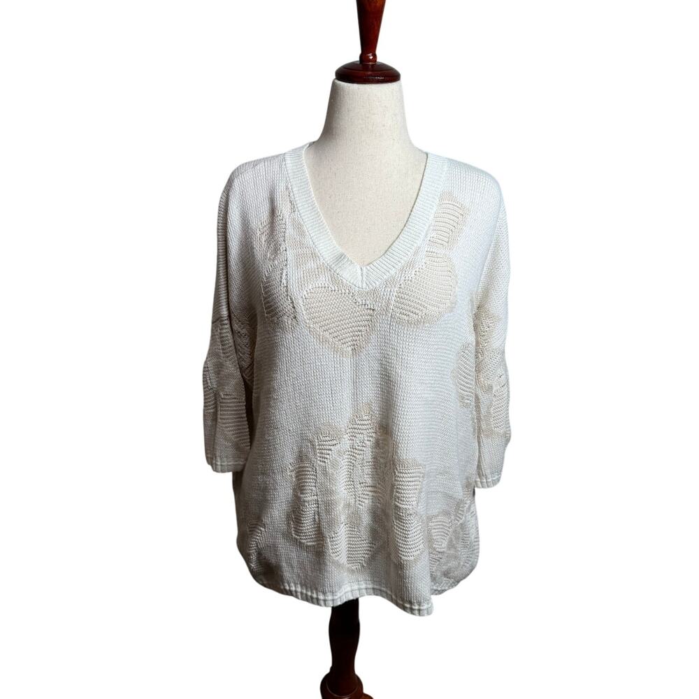 CAbi Lotus pullover short sleeve boxy loose fit sweater Cream Tan floral Sz M